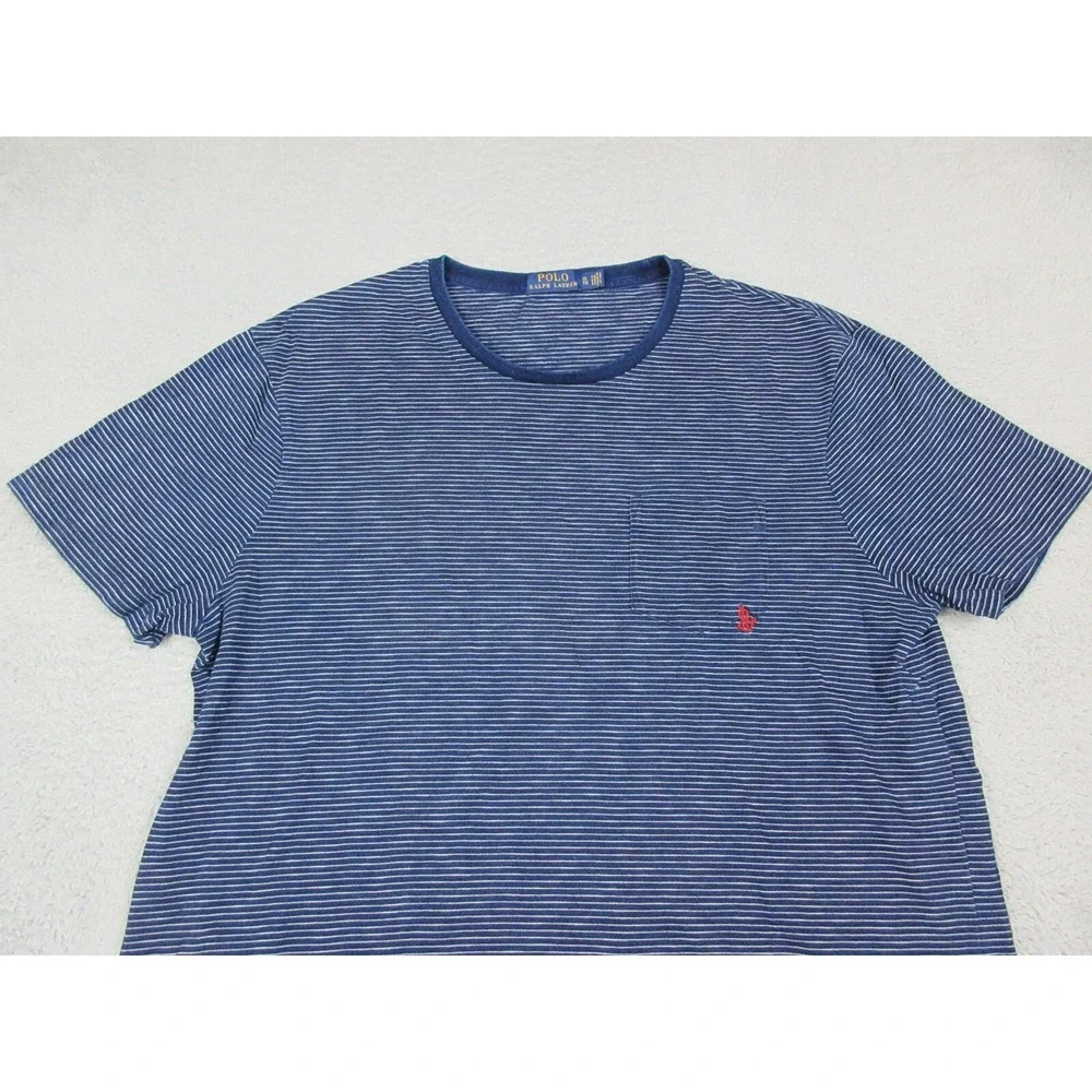 Polo Ralph Lauren Shirt Mens XL Blue Striped Pocket Logo Crew Neck Tee Cotton